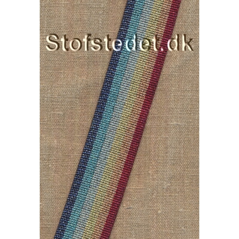 Kraftig gjordbånd 36 mm. stribet med glimmer i rød gul blå