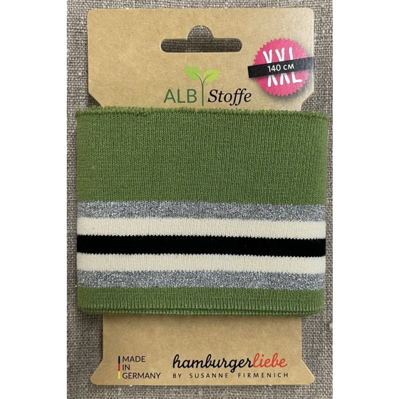 Ribkant med college striber i grøn, sølv, offwhite og sort 75 mm x 140 cm.