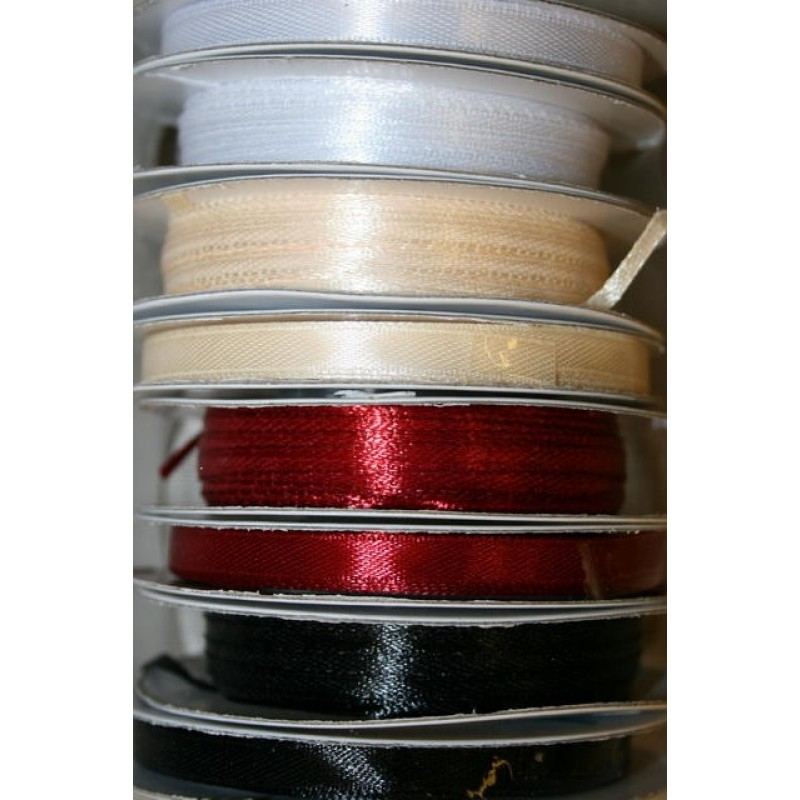 10 meter rulle satinbånd 6 mm. hvid/sort/mørkerød/off-white