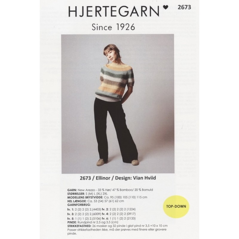 2673 Ellinor - Kortærmet bluse med striber - Top Down | Hjertegarn 