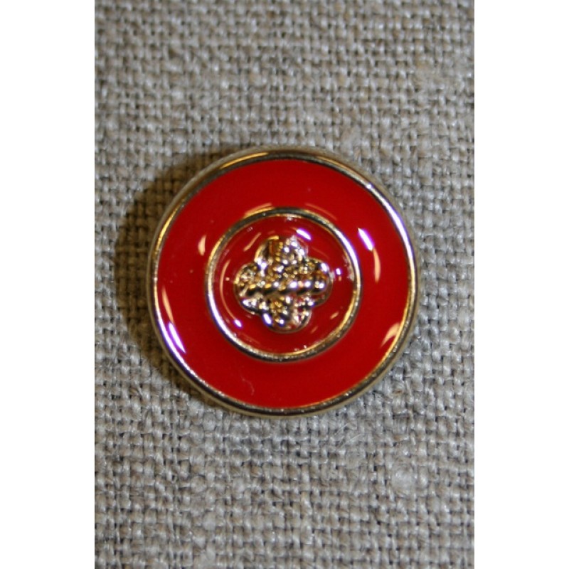 Rød/guld knap, 18 mm.