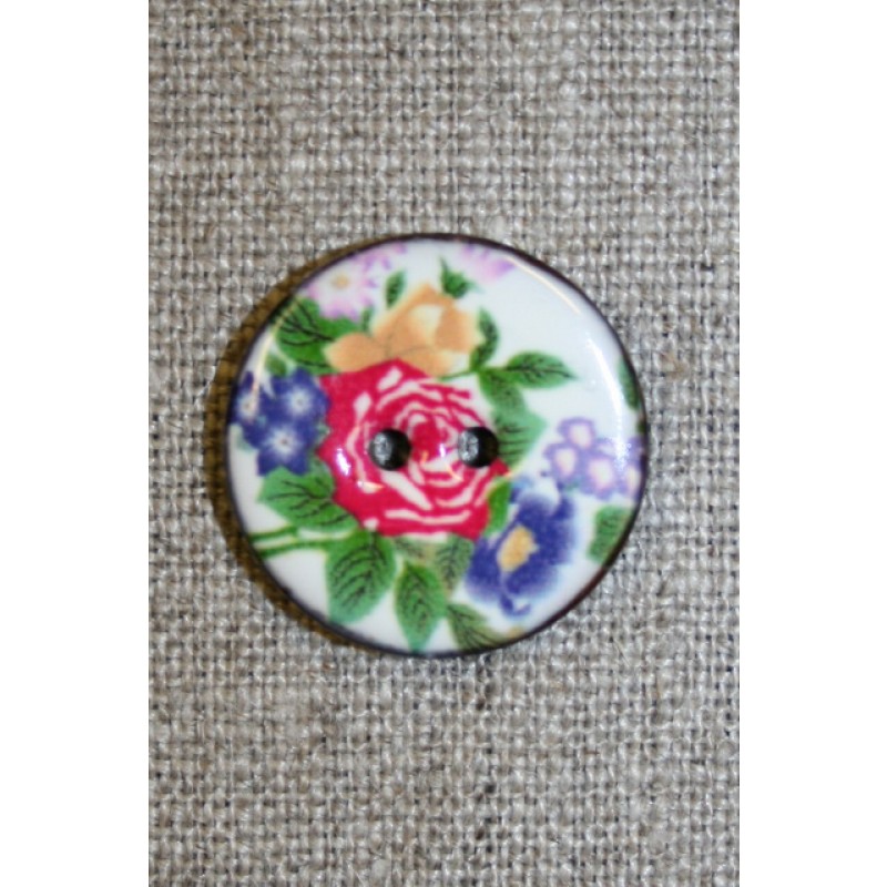 Kokos-knap m/emalje, hvid m/blomster