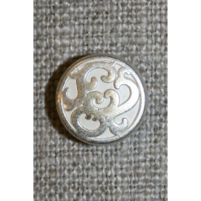 Metal-knap m/mønster sølv/hvid, 13 mm.