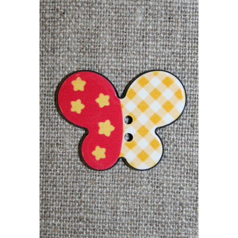 Knap m/sommerfugl, gul/rød 24 mm.