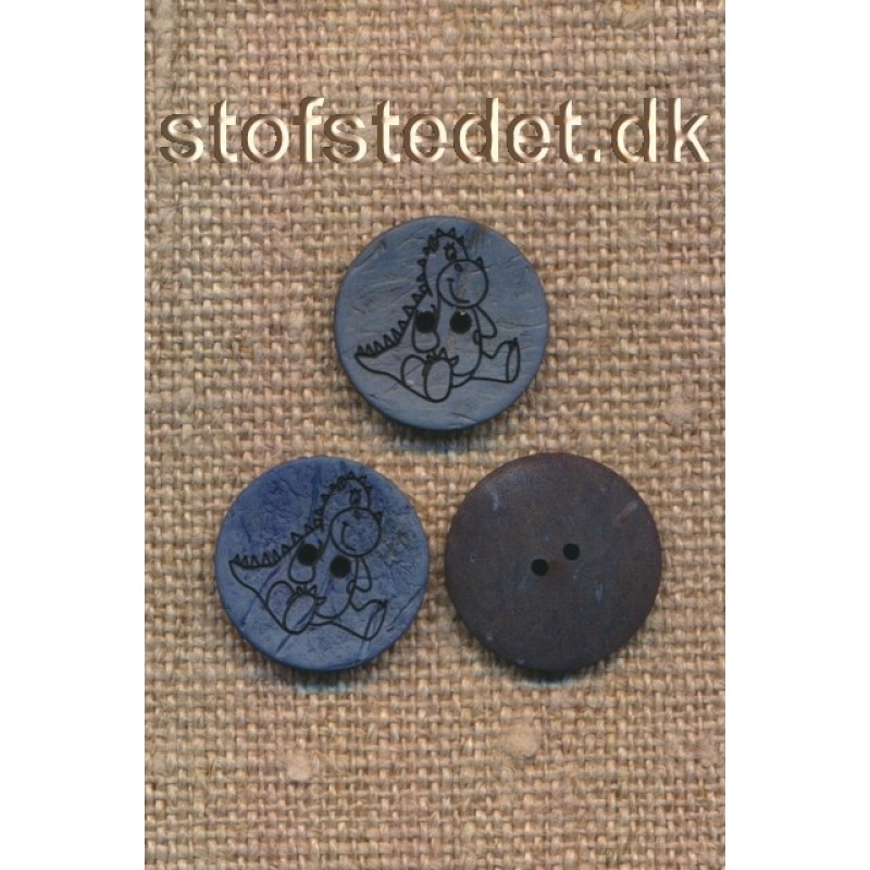 2-huls Kokos knap med dinosaurus i blå, 15 mm.