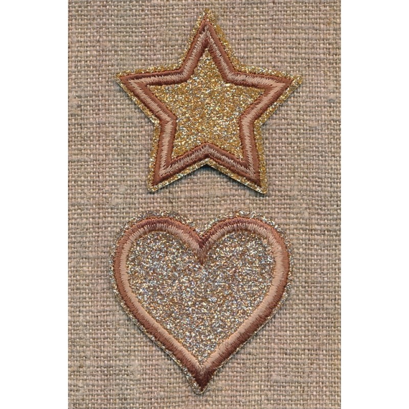 2 Motiver med hjerte og stjerne i glimmer i guld-brun