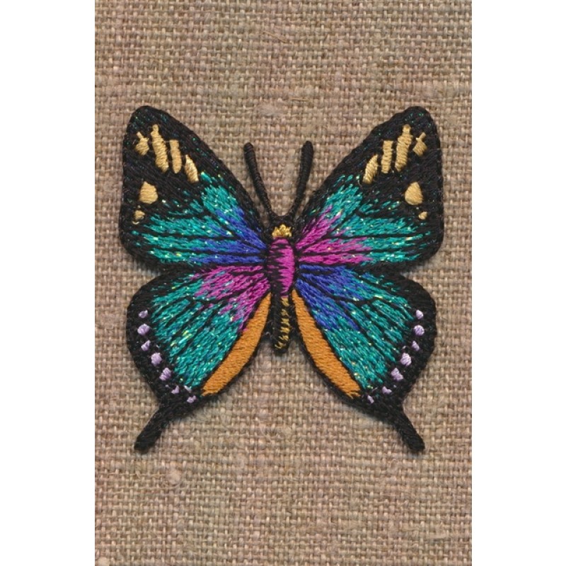 Strygemærke med Sommerfugl i irgrøn, orange og pink