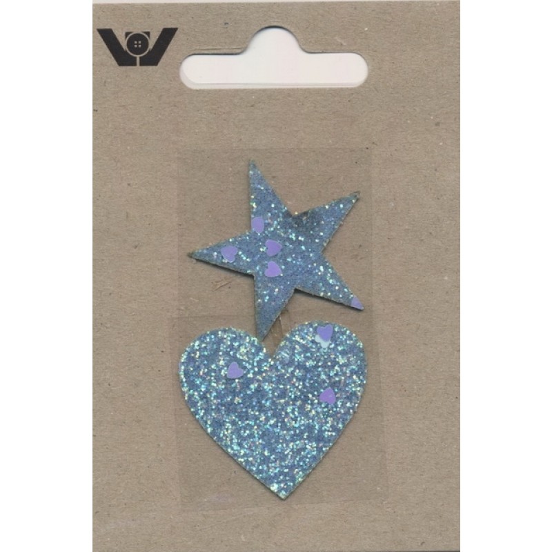 2 Motiver med hjerte og stjerne i glimmer i turkis.