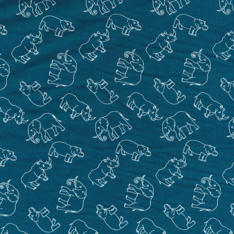 Poplin i mørk petrol med elefant, næsehorn, flodhest