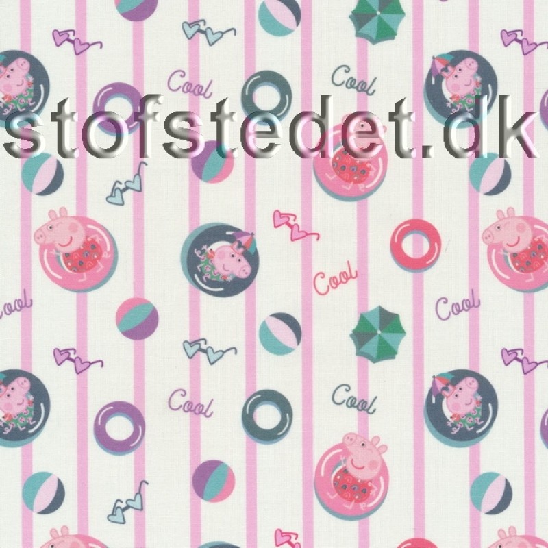 Fast bomuld med digitalt tryk med Gurli Gris stribet i hvid og lyserød