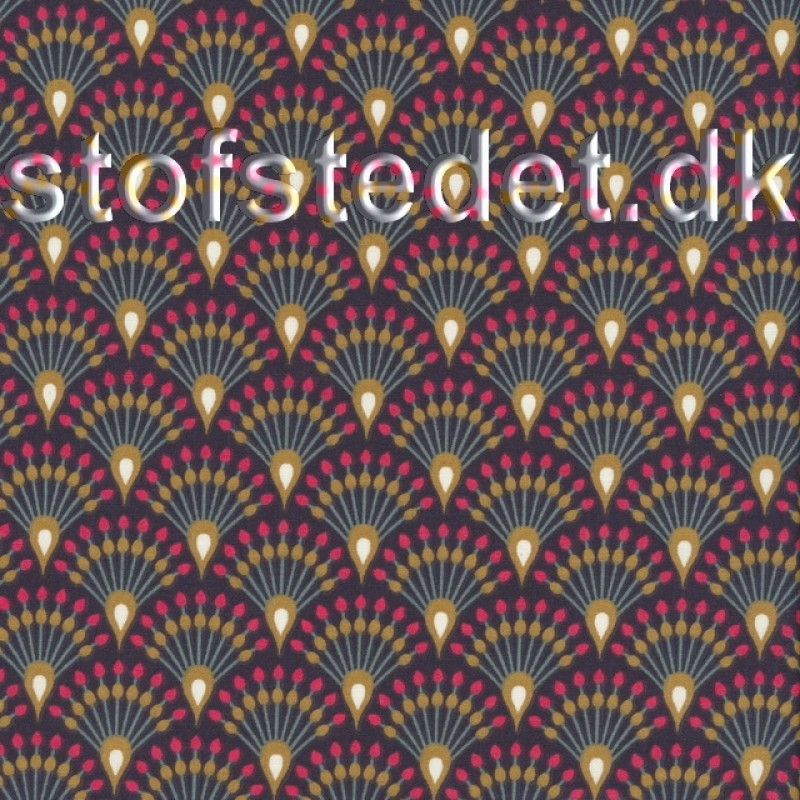 Fast bomuld økotex med påfuglefjer, i sort, grå, okker og pink