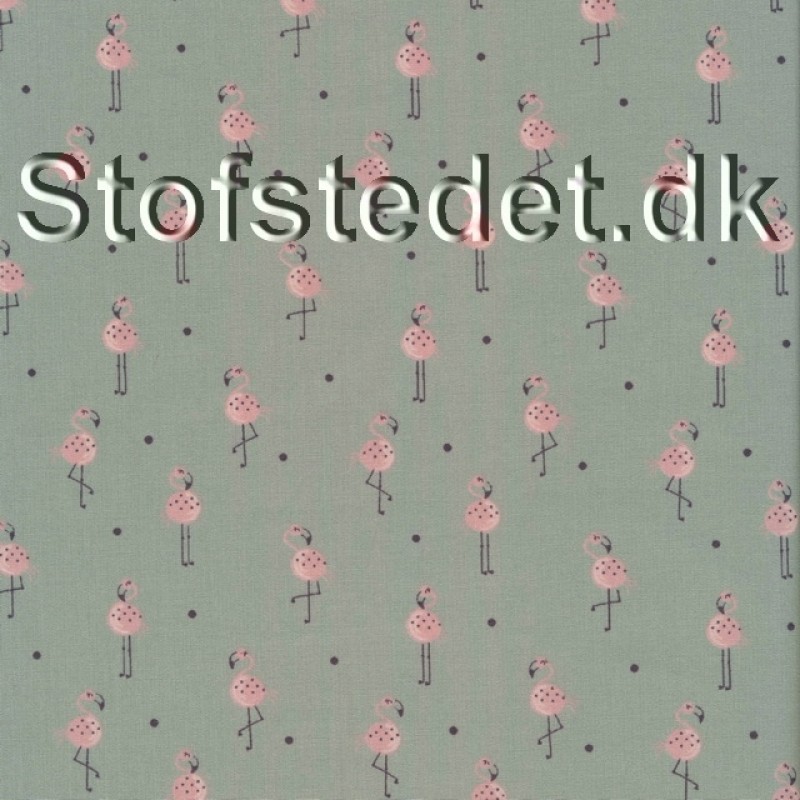 Bomuld i lys støvet grøn med flamingo i gammel lyserød/rosa 