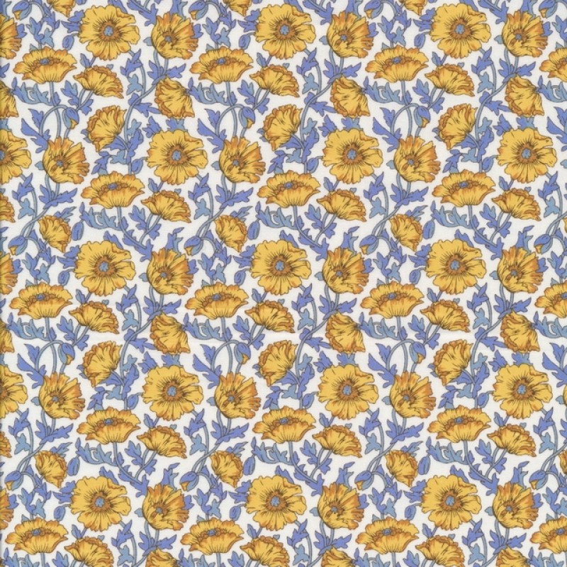 Fast bomuld i hvid med blomster i gul og denim