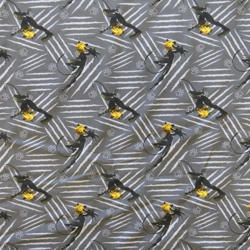 Rest Bomuldsjersey økotex m/digitalt tryk med Miraculous Ladybug i grå, sort og gul-50 cm. 