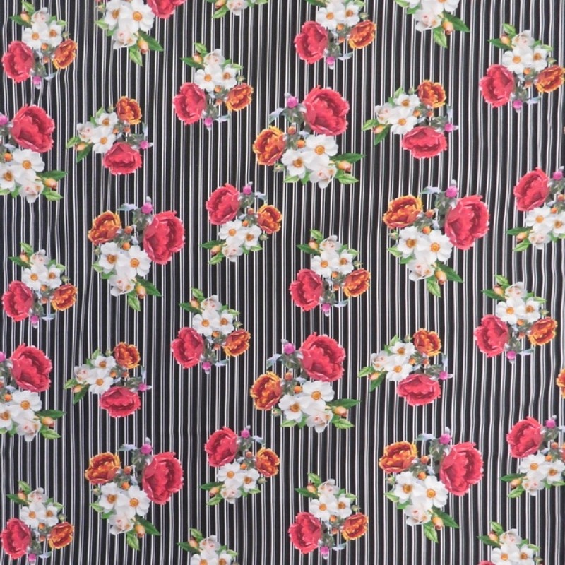 Bomuldsjersey i sort med digitalprint med striber og blomster