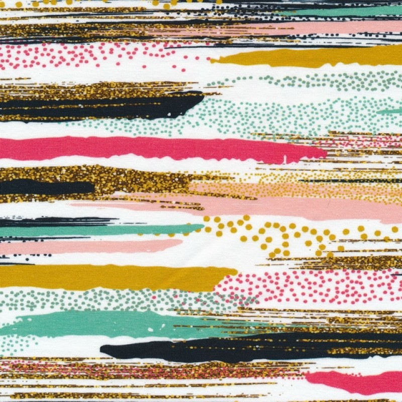 Afklip Bomuldsjersey økotex m/digitalt tryk i hvid med streger og prikker 40x60 cm.