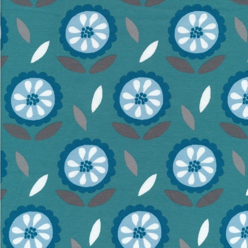 Bomuld/elasthan økotex i petrol-grøn med cirkel/blomst