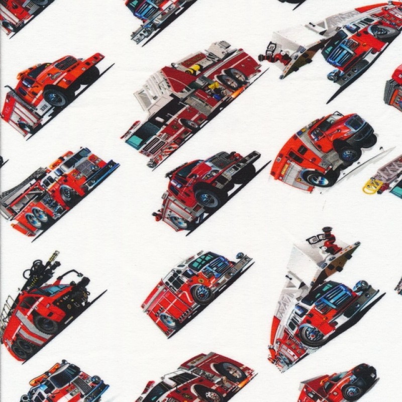 Afklip Bomuld/lycra økotex m/digitalt tryk i hvid med brandbiler 40x60 cm.