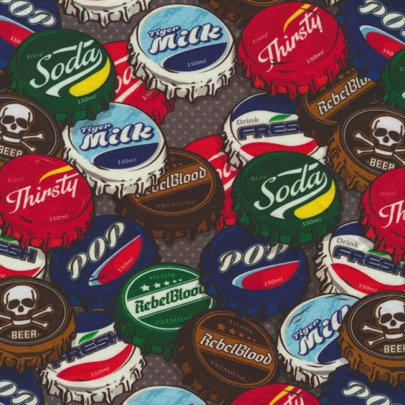 Afklip Bomuld/lycra økotex m/digitalt tryk med kapsler fra flasker 40x60 cm.