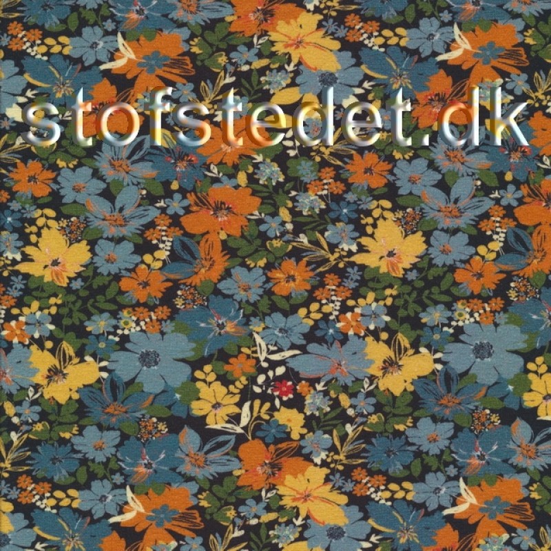 Bomuldsjersey økotex m/digitalt tryk småblomstret i sort, støvet gul, blå, orange