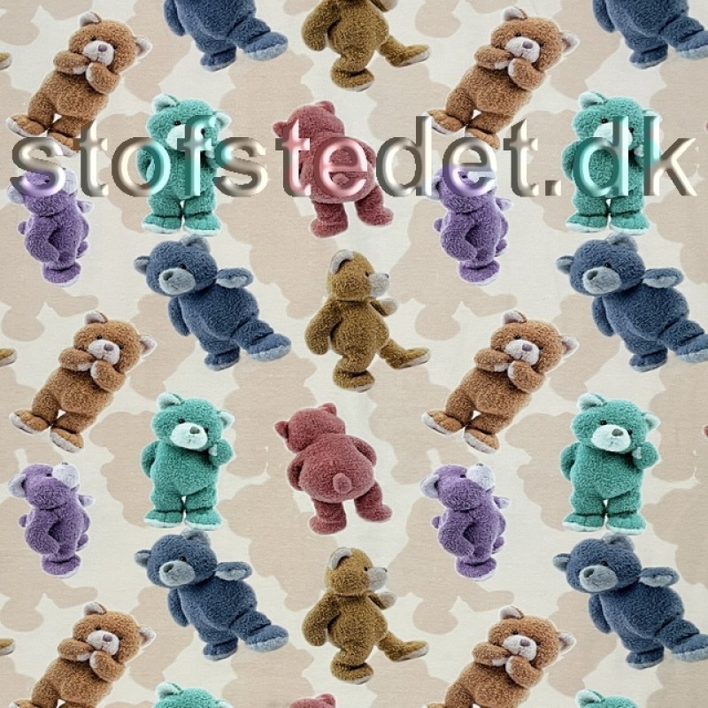 Bomuldsjersey økotex m/digitalt tryk i pudder med plys bamser