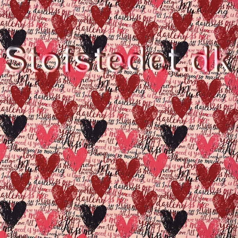 Bomuldsjersey økotex m/digitalt tryk i babylyserød med hjerter i rød og marine