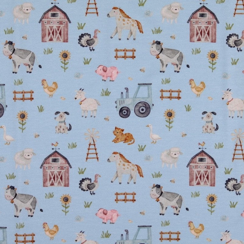 Bomuldsjersey økotex m/digitalt tryk i lyseblå med dyr - bondegård