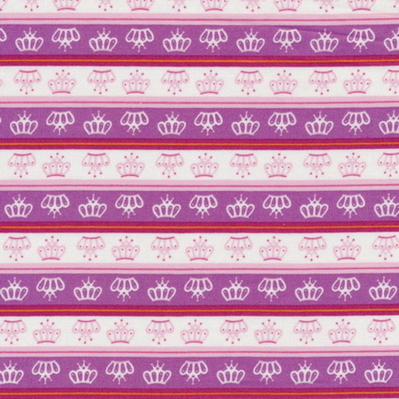 Afklip Patchwork stof med striber prinsessekroner i hvid og lilla 50x55 cm.