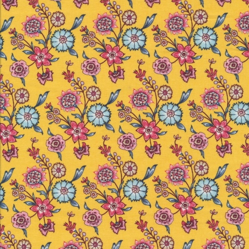 Patchwork stof i lys gul med blomster