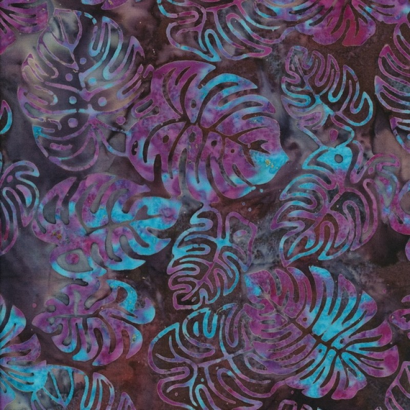 Patchworkstof batik med blade mørkebrun turkis cerisse