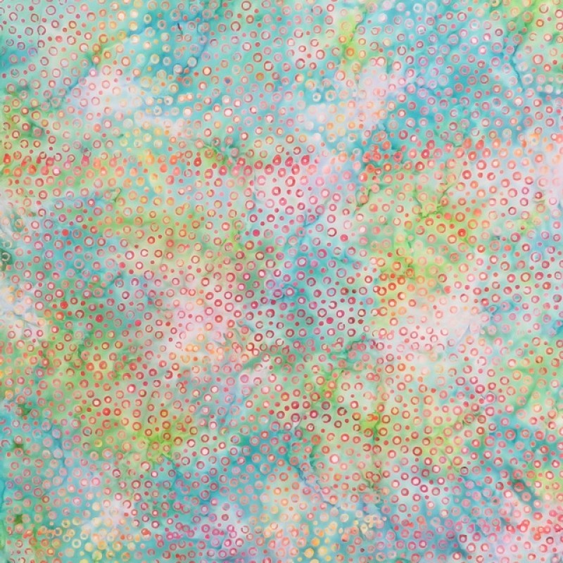 Patchworkstof batik med cirkler i aqua, irgrøn, orange og pink.