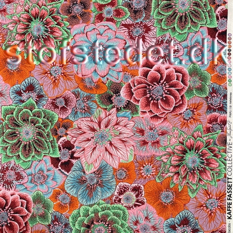 Patchwork stof med store blomster i grøn, orange, lyserød - Kaffe Fassett 