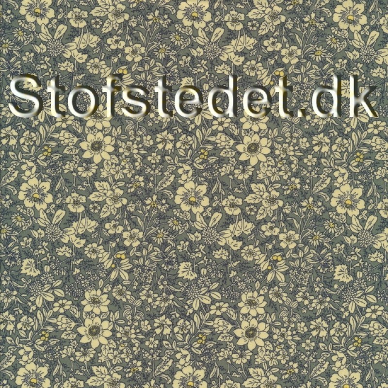 Afklip Bomulds-poplin med blomster støvet blå offwhite gul 50x55 cm.