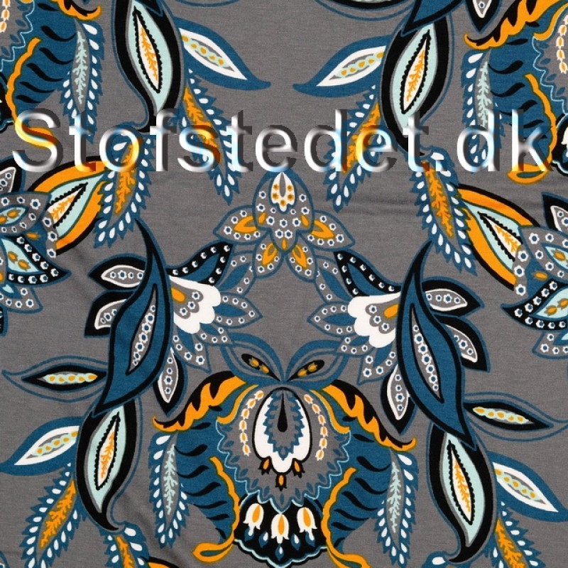 Viskosejersey i grå med mønster i petrol, orange, hvid og sort