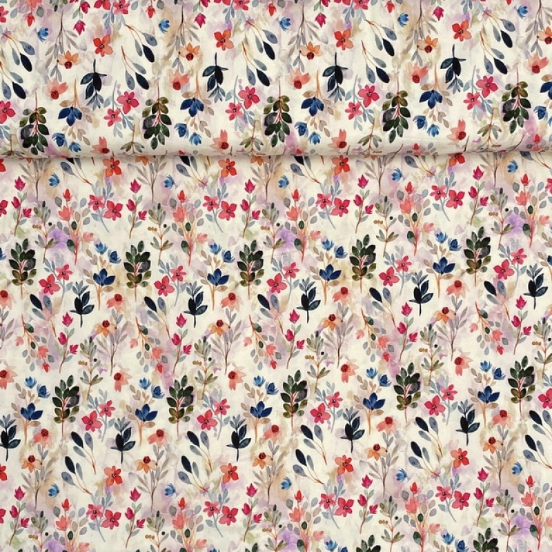 Viscose jersey i digitalprint med blomster-blade i offwhite, pink, blå, grøn