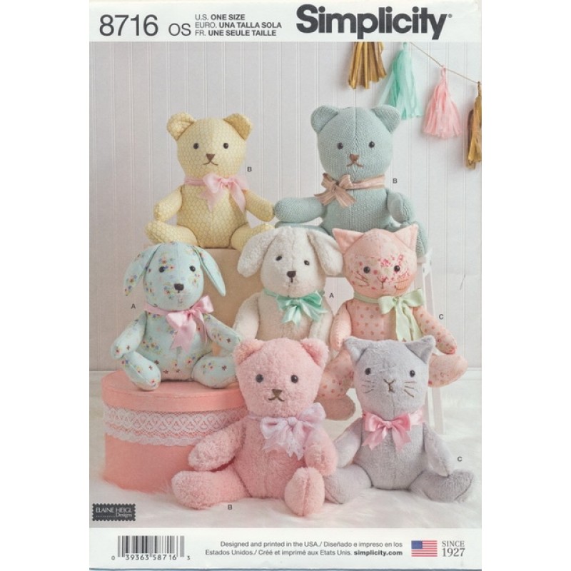 Simplicity 8716 Tøjdyr Bamse Kat Hund 35 cm.