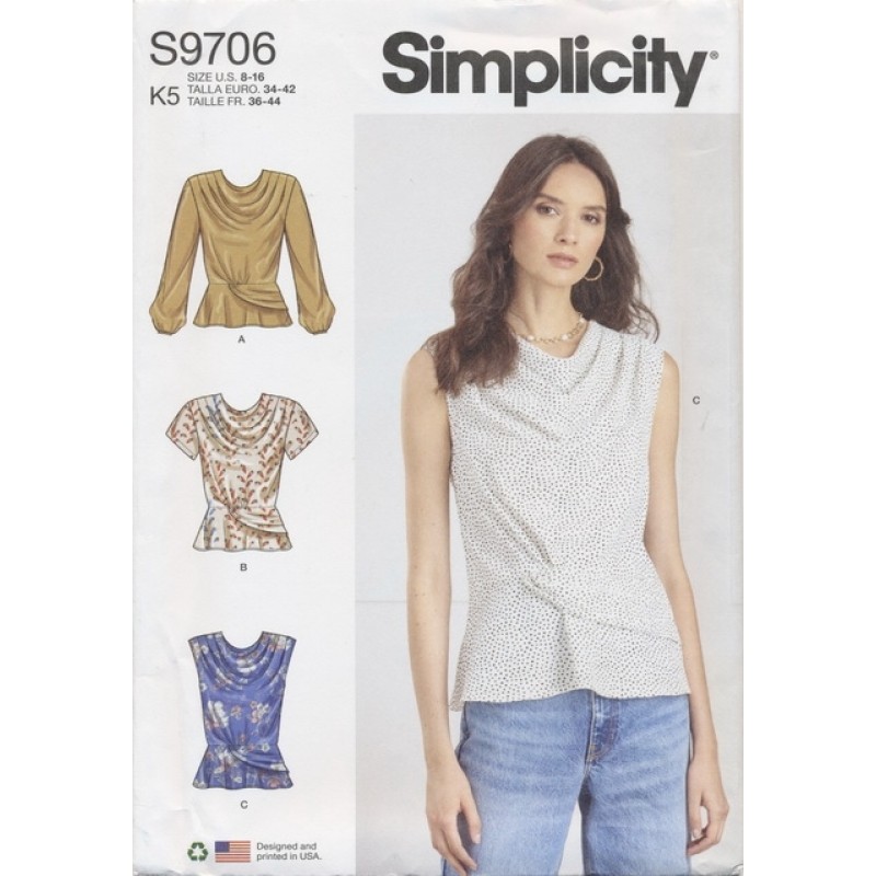 Simplicity 9706 Bluse med vandfald og skød