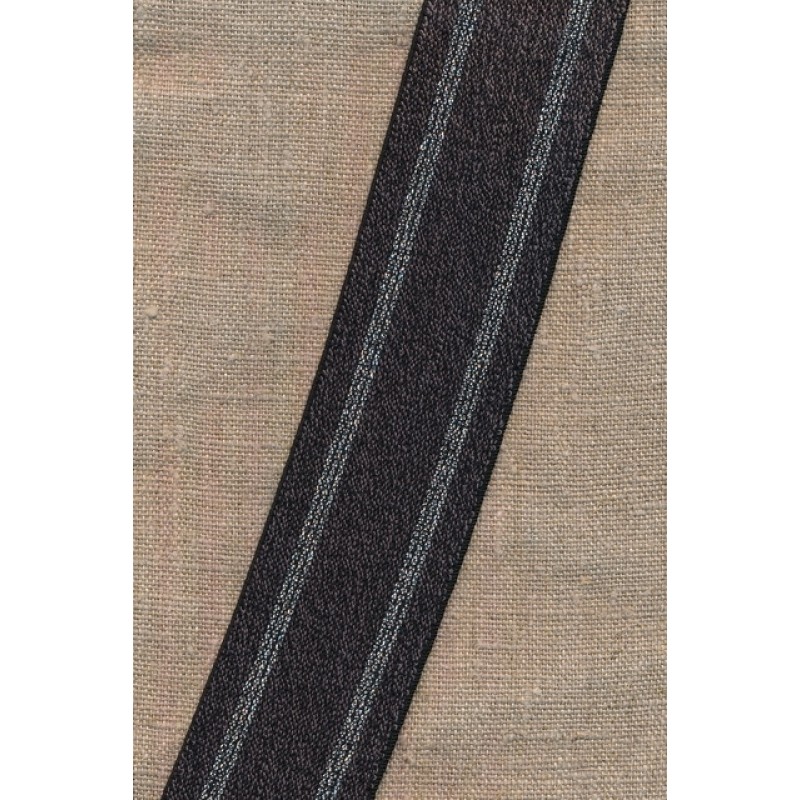 Elastik med sølv striber i mørk grå-meleret, 40 mm.