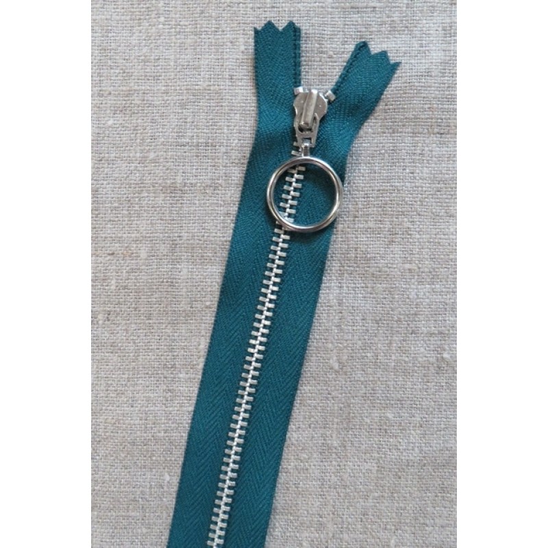 35 cm. lynlås 4 mm aluminium fast med ring i petrol