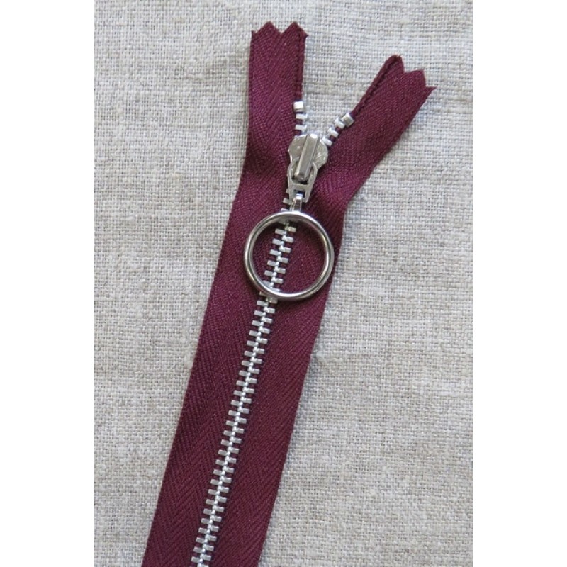 35 cm. lynlås 4 mm aluminium fast med ring i bordeaux