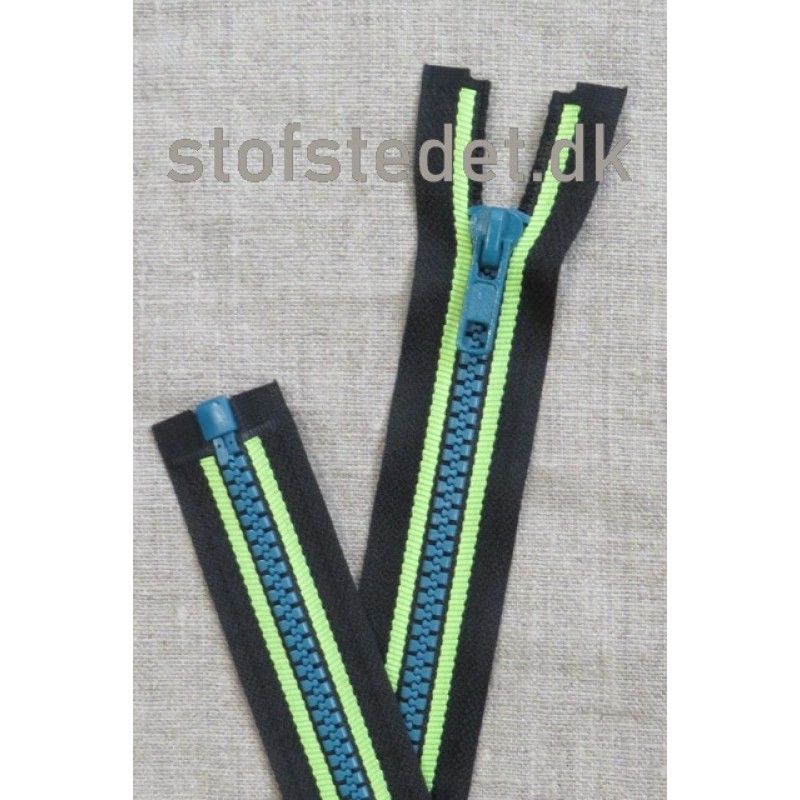50 cm. delbar lynlås plast sort/lime/petrol