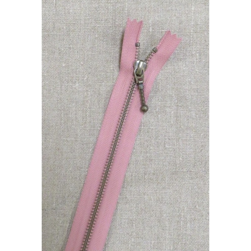 35 cm. lynlås m/stang-kugle 6 mm i antik messing i rosa