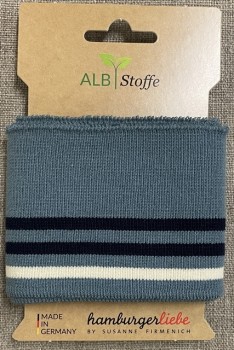 Ribkant med college striber i støvet grå-blå, mørkeblå og offwhite 70 mm x 110 cm.