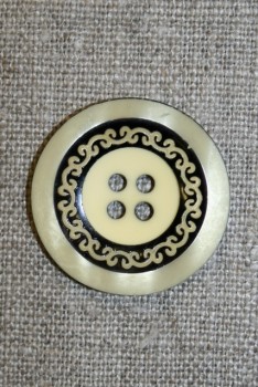 4-huls knap m/mønster sort/lysegul, 28 mm.