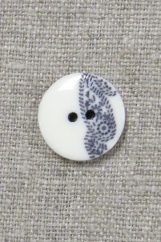 2-huls knap med sjals-/ Paisley mønster i off-white og blå 15 mm.
