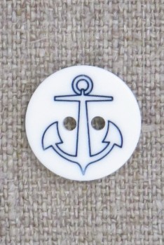 2-huls Knap med anker i hvid og blå, 18 mm.