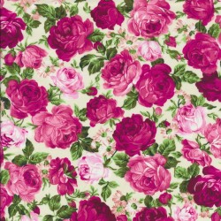 Bomuldspoplin med roser off-white/pink/lyserød