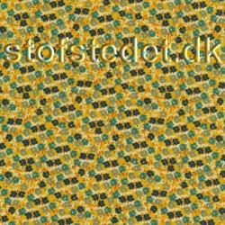 Småblomstret poplin i carry, petrol, mørkeblå og hvid.