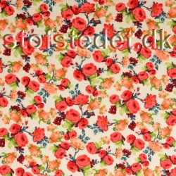 Bomulds poplin i offwhite med blomster i rød, koral , orange.