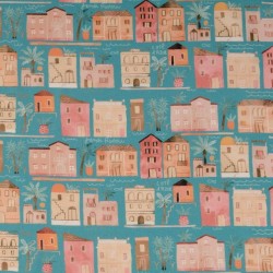 Bomuld med digitalt print med huse i lys petrol, laks, rose, pudder-brun